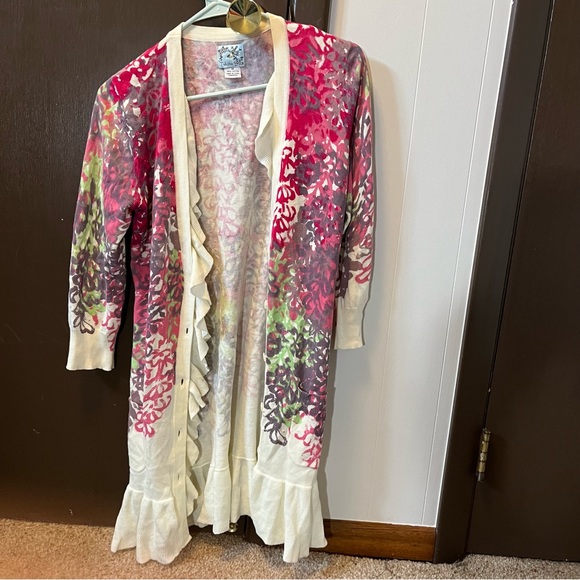 Anthropologie Tabitha Ruffle Floral Cardigan Spring Pink White Pockets Y2K M - Picture 2 of 9